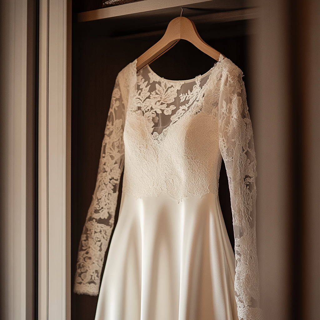 Vestido de novia colgado en un armario