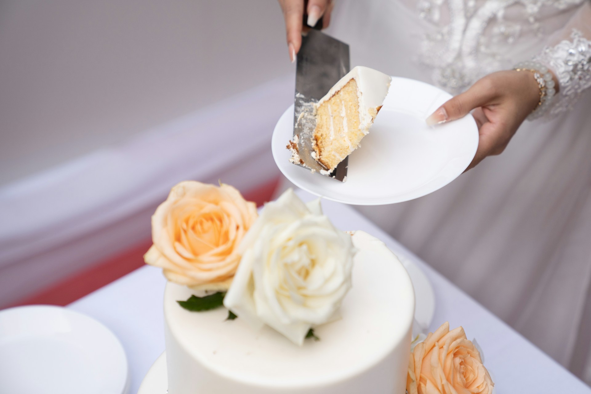 Sposa che tiene un piatto con una fetta di torta nuziale