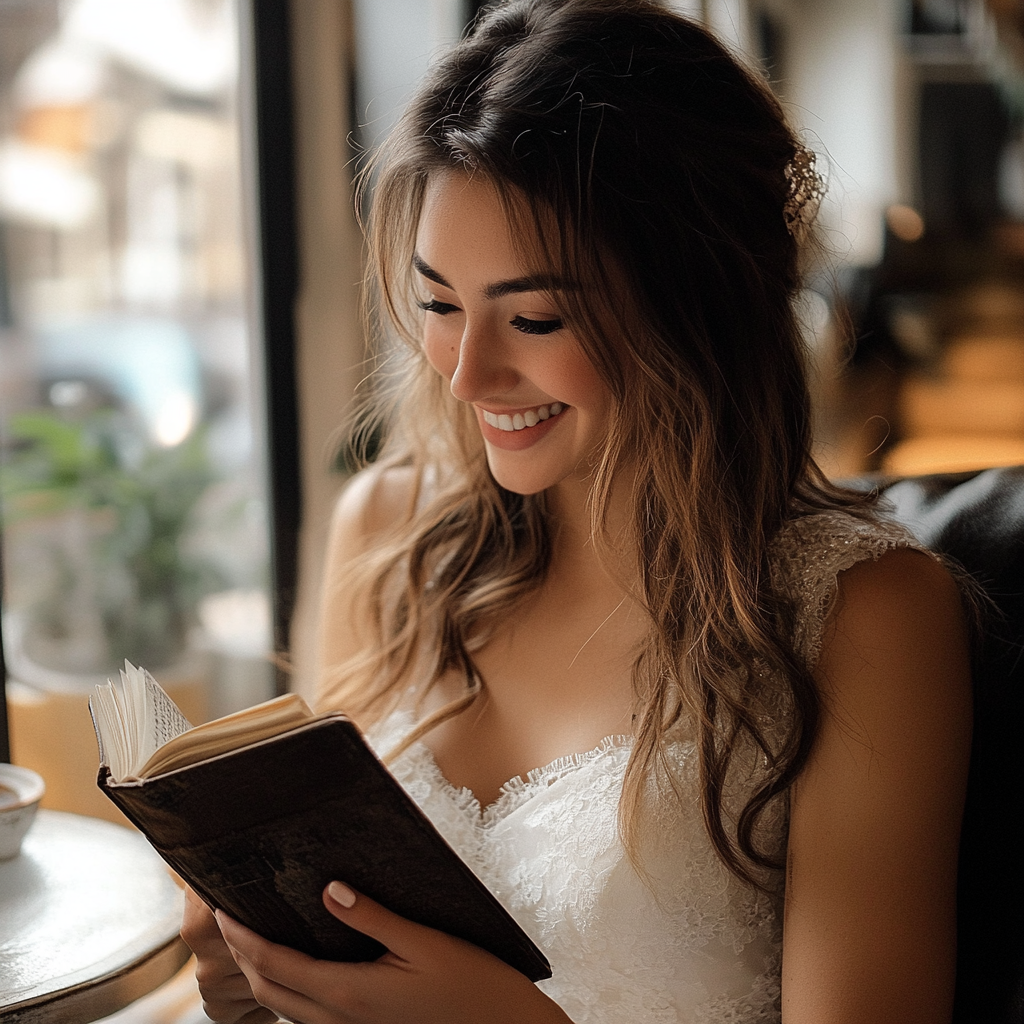 Sposa che sorride guardando il diario | Fonte: Midjourney