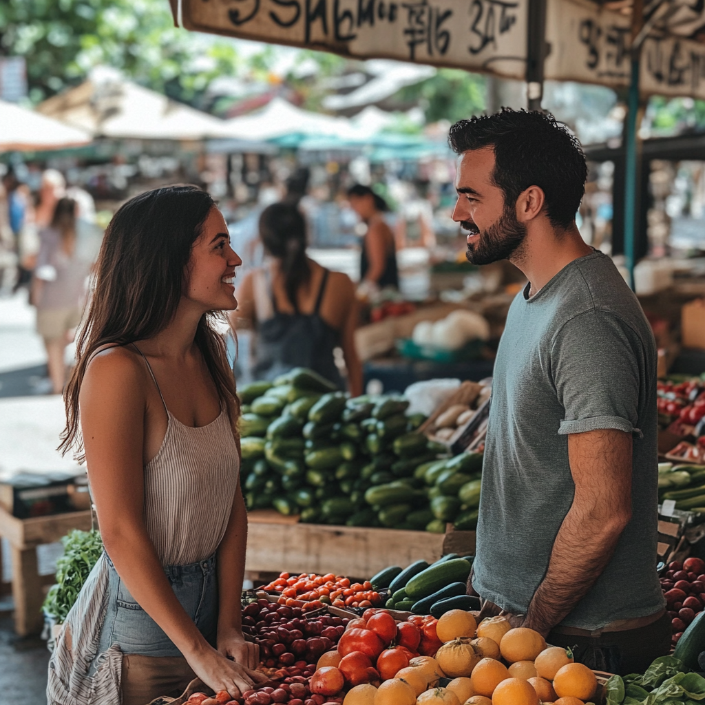 Persone che parlano al mercato | Fonte: Midjourney