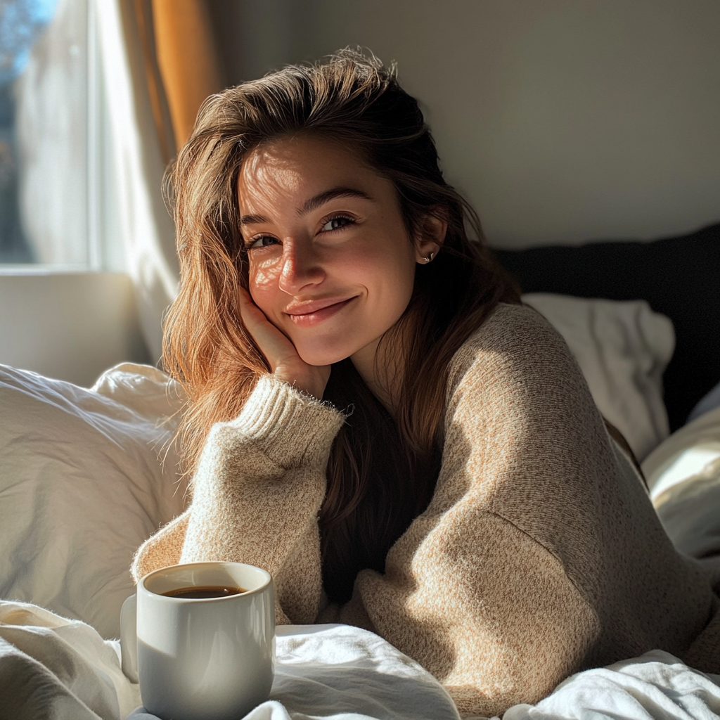 Donna che prende un caffè a letto | Fonte: Midjourney