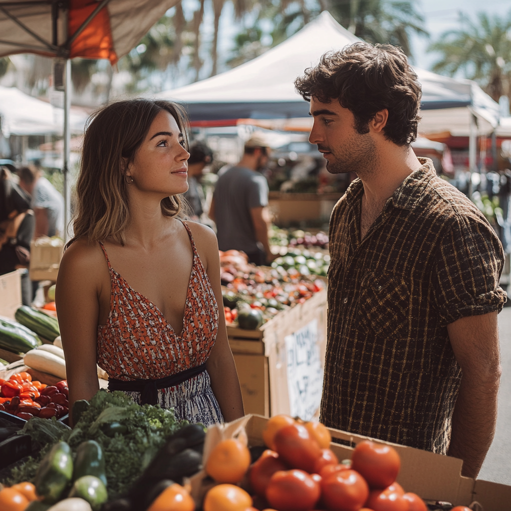 Persone che conversano al mercato | Fonte: Midjourney