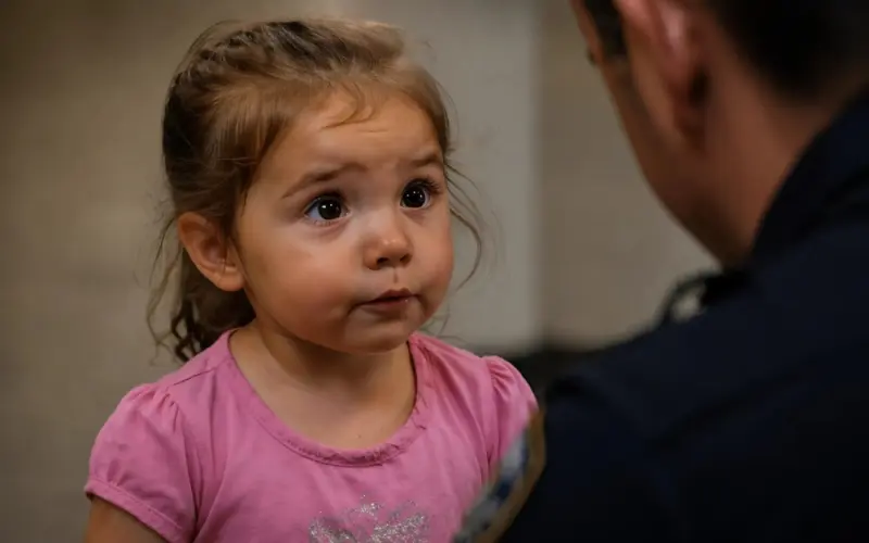 Bambina triste con poliziotto